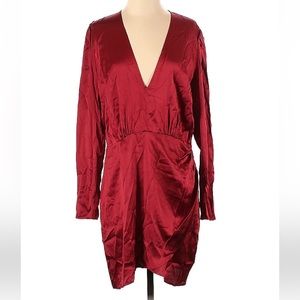 Reformation Red Silk Satin Faux Wrap Long Sleeve Cocktail Dress